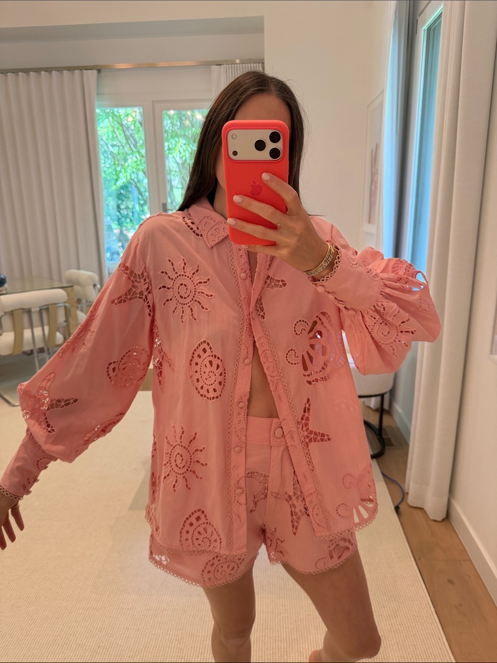 Pink Eyelet Cutout Button-Front Top